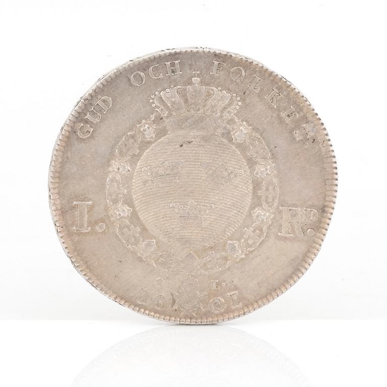 SILVERMYNT, 1 Riksdaler, Gustav IV Adolf av Sverige 1801. Vikt ca 29 gram.