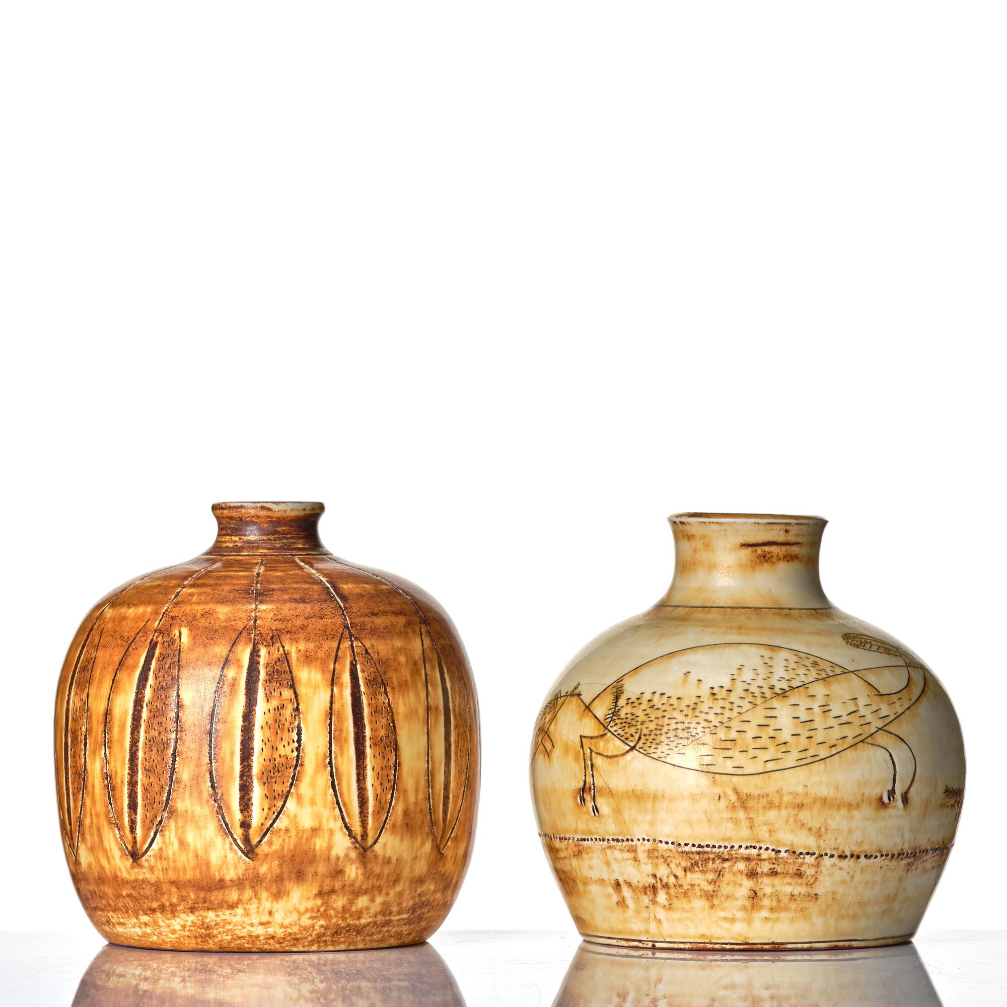 Anders Bruno Liljefors, two stoneware vases, Gustavsberg studio, Sweden ca 1949-50.