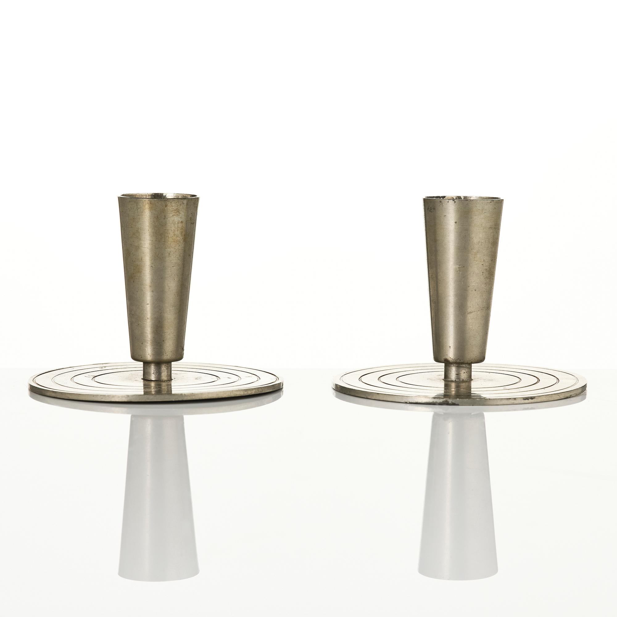 Ystad-Metall, a pair of candlesticks and a tray, 1938-42.