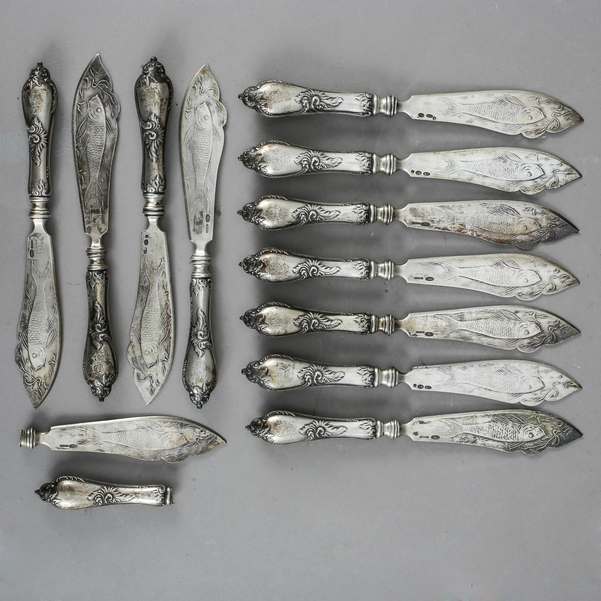 FISKKNIVAR, 11 st, silver, Ryssland 1900-talets början. Märkt G Radke. Total vikt 679 gr.