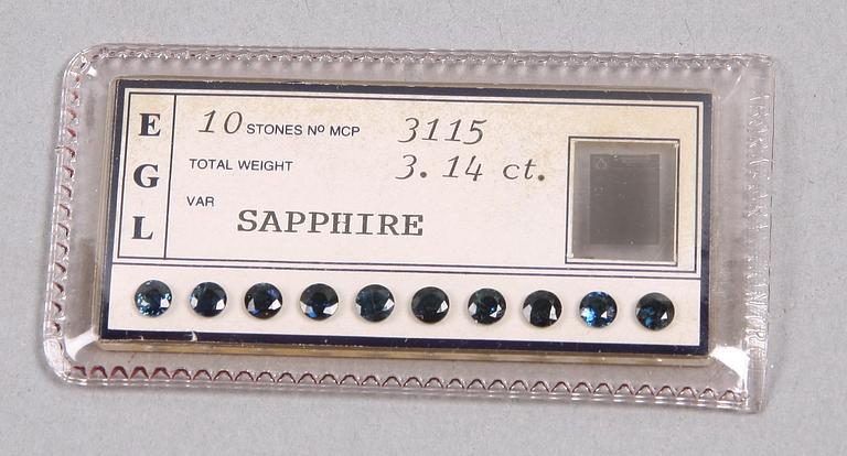 SAFIRER, 10 st, 3.14 ct enligt intyg.