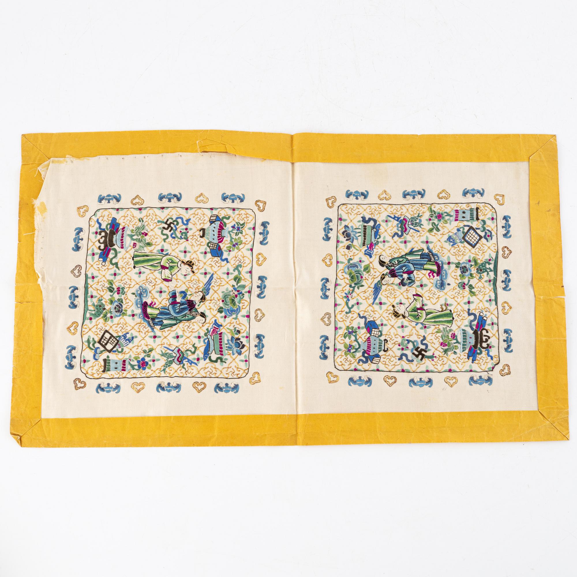 Two Chinese silk collars and two silk embroideries, 20th century.