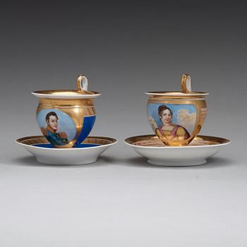 A pair of Russian Gardner Empire cups with stands, early 19th Century.