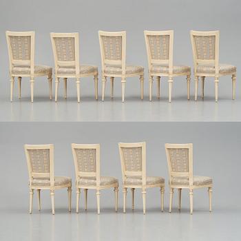 A set of nine Gustavian chairs by A Hellman (master in Stockholm 1761-94) and E Ståhl (master in Stockholm 1794-1820).