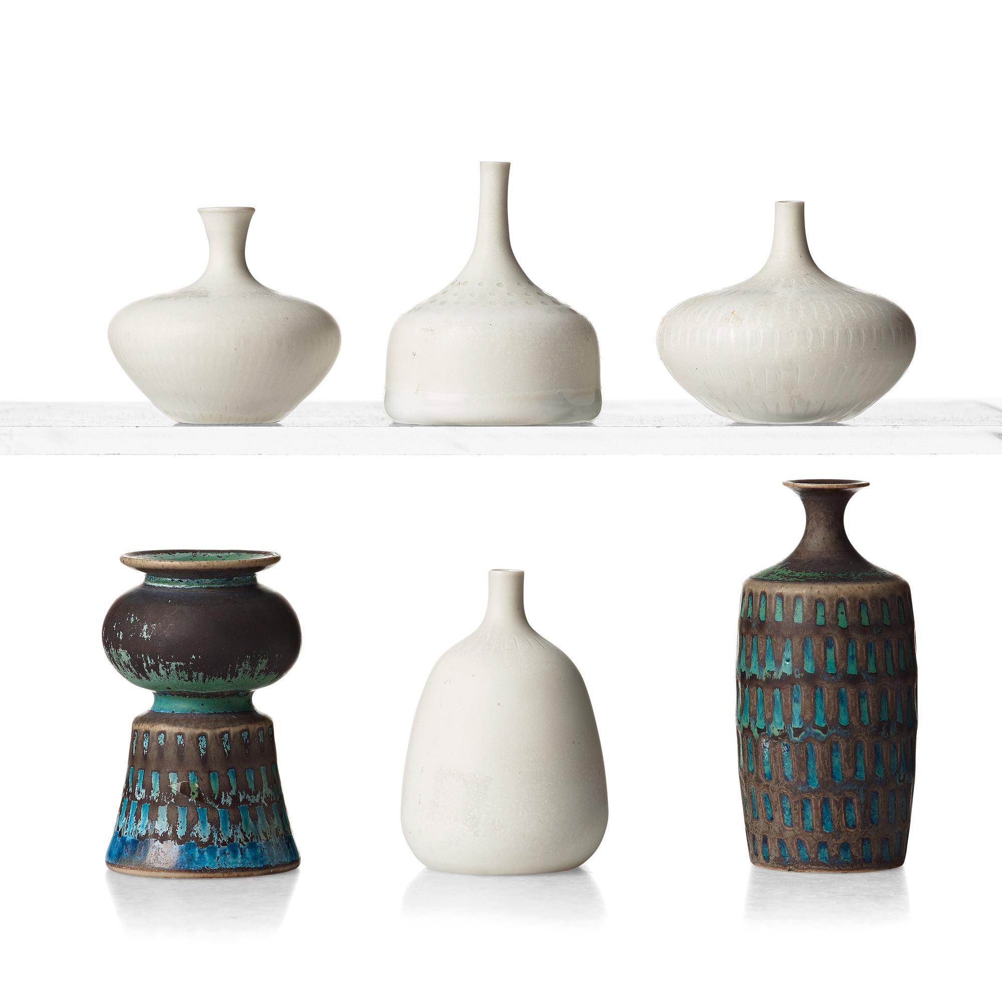 Stig Lindberg, a set of six stoneware miniature vases, Gustavsberg studio, Sweden 1958-62.