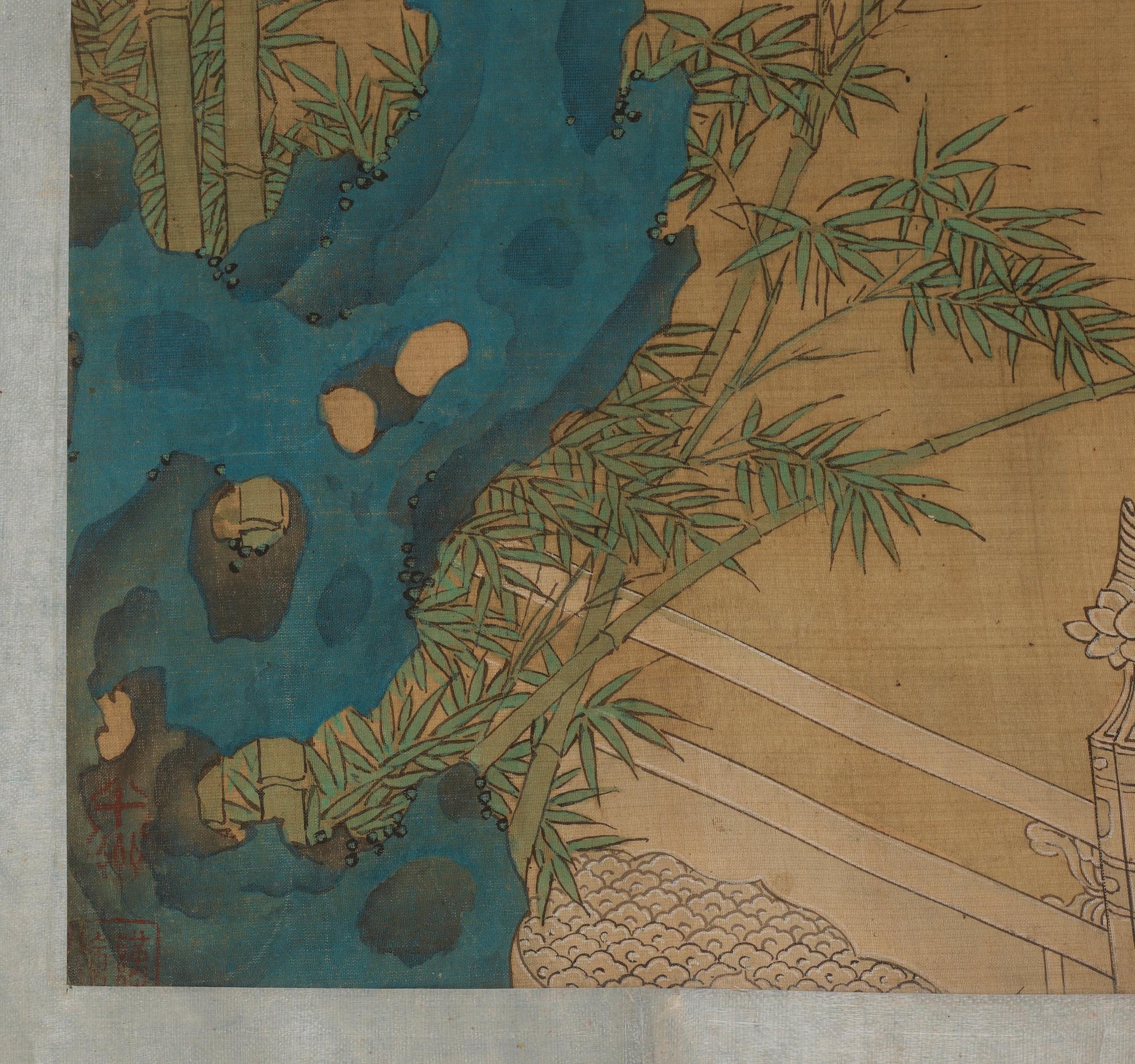 A fine painting of 100 ladies and attendants in a palace garden, and with calligraphy, late Qing dynasty (1644-1912).