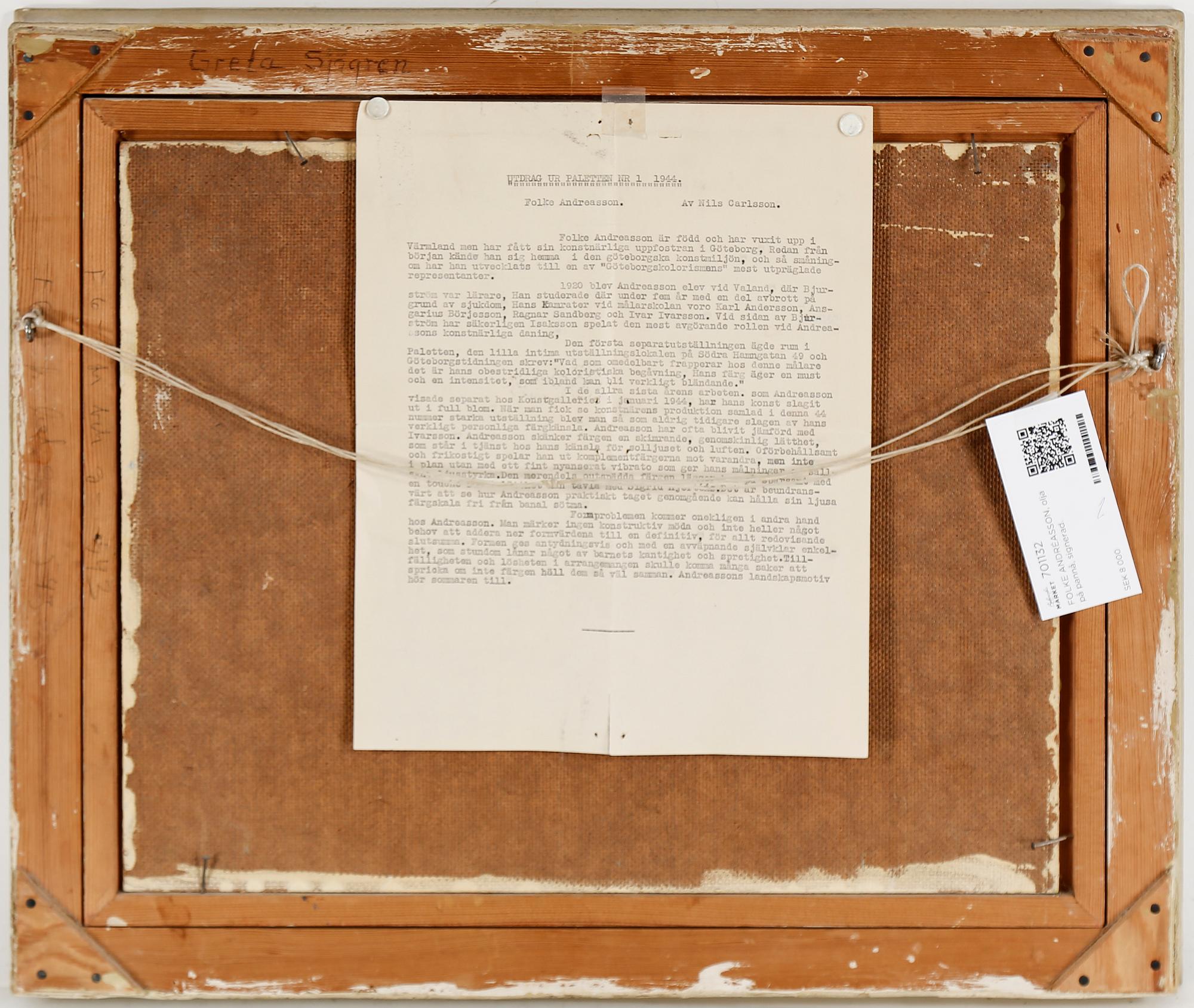 FOLKE ANDRÉASSON, olja på pannå, signerad.