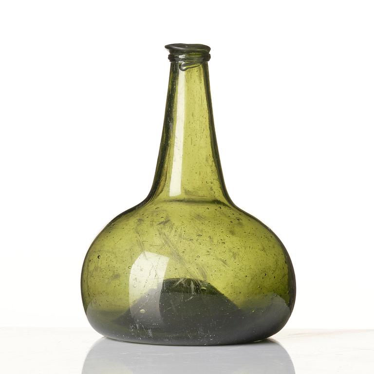 A green glass bottle, possibly Henrikstorps glass manufactory, 18th century.