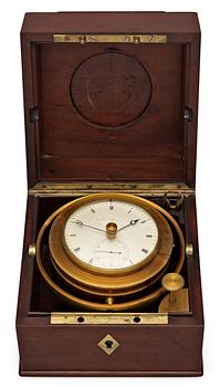 683. An 1830's Marine Chronometer, Henri Motel, Horologer de la marine, Nr 164. Mahogny and brass-mounted.