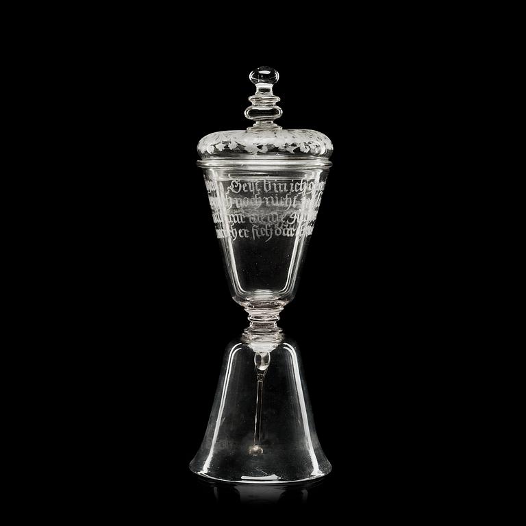 An engraved glass goblet with cover/table bell, 18th Century.