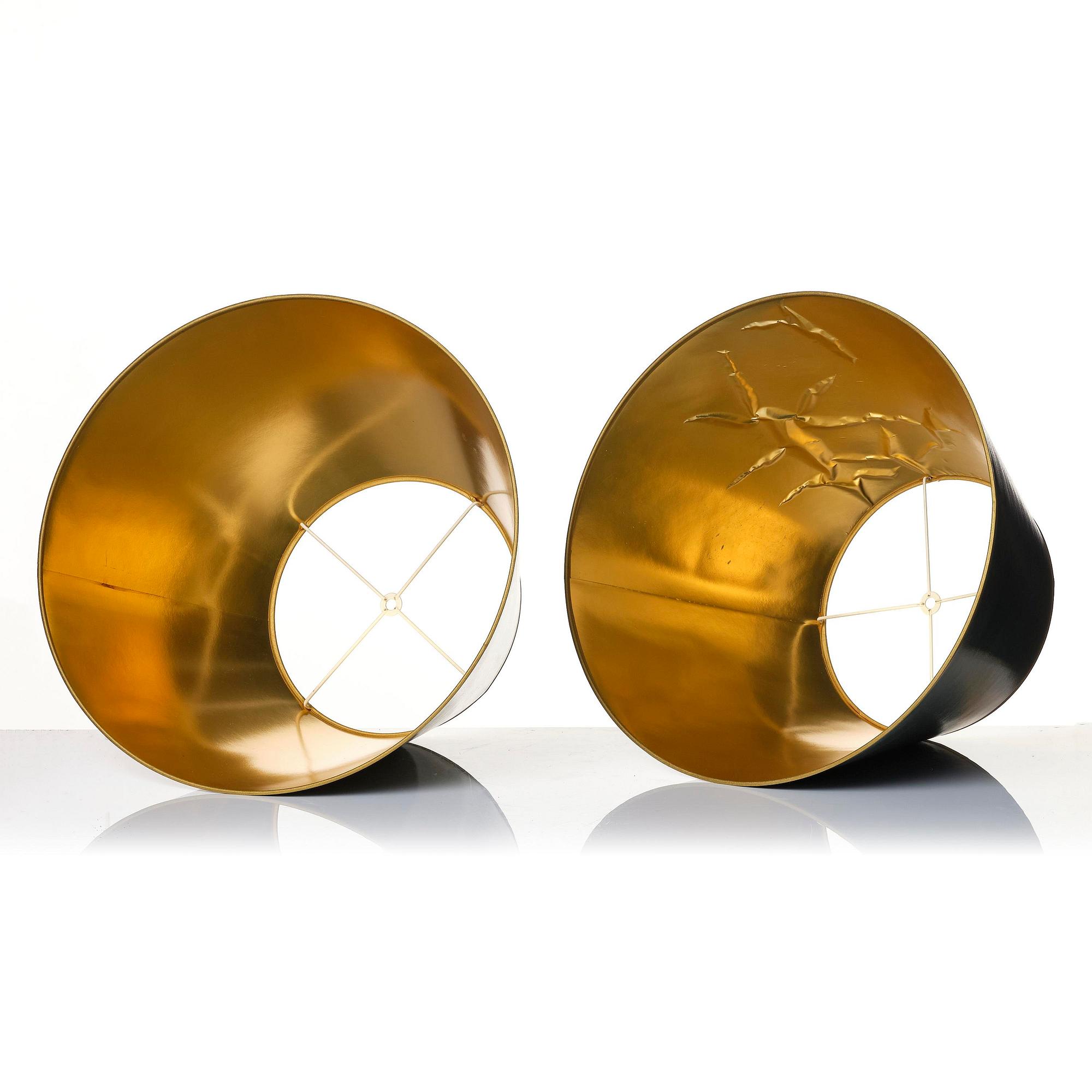 A pair of presumably French tole and brass table lamps, mid 19th century.