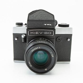 Camera, Kiev 60, and 3 lenses.