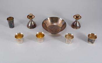 PARTI SILVER, 8 delar, bl a Eric Löfman, 1960-70-tal, Sverige, vikt exklusive ljusstakar ca 473 gram.