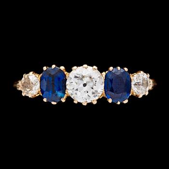 48. RING, old cut diamonds, tot. app. 0.65 cts and blue sapphires.