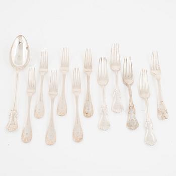 A group of eleven Swedish silver forks and a spoon, 19th Century.