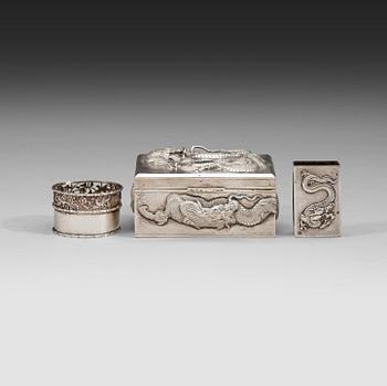 181. A cigarr box, salt and match box holder, export silver, partially Chen Hua, early 20th century.