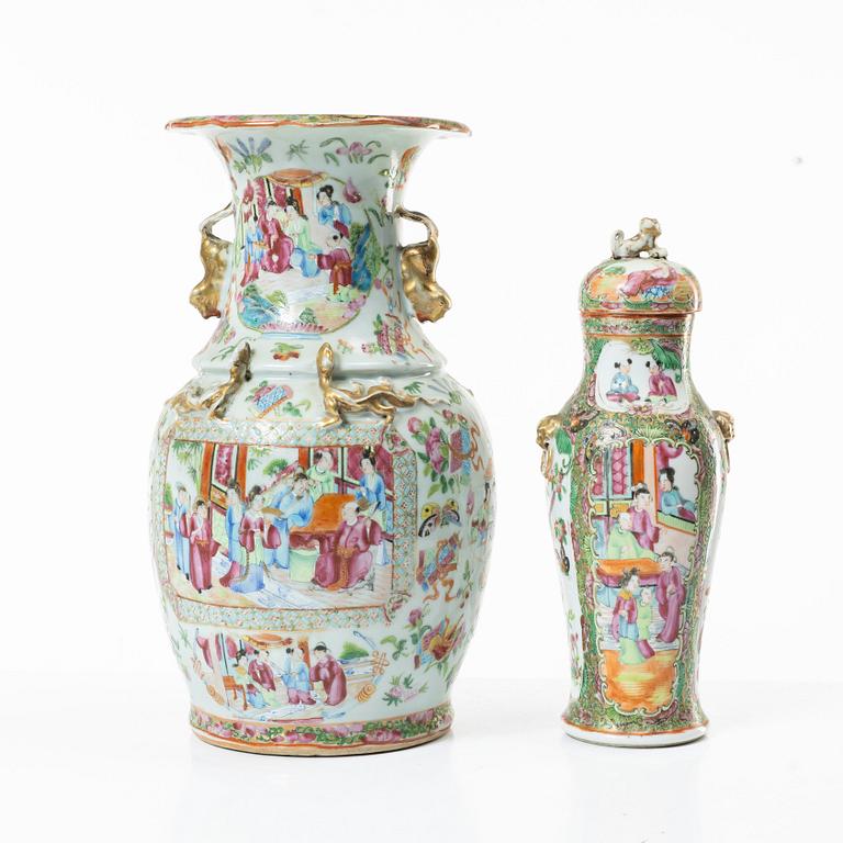 A famille rose vase with cover and a vase, Qing dynasty, Kanton, 19th century.