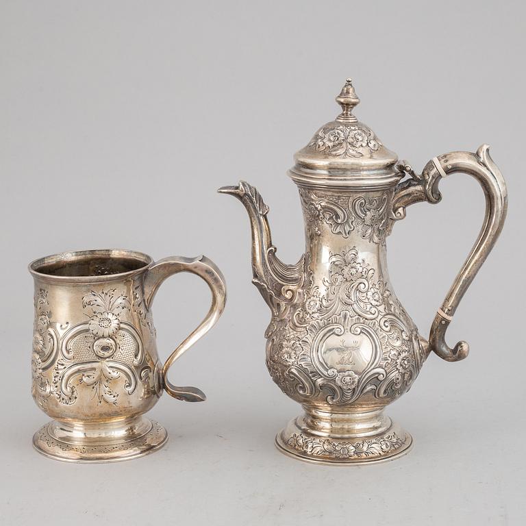 A silver jug and coffee pot, including  John Langlands I & John Robertson I, Newcastle 1788.