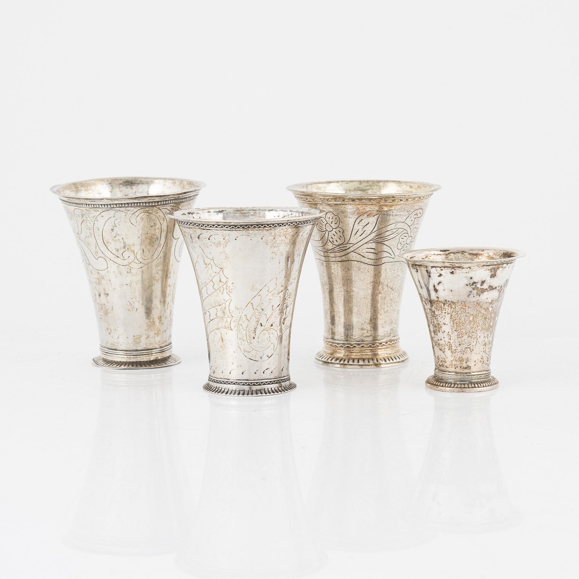 Four Swedish silver miniature beakers, 18th century.