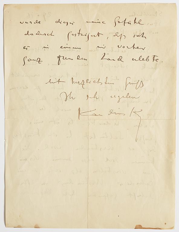 LETTER, from Wassily Kandinsky in Stockholm to GAN (Gösta Adrian-Nilsson) in Lund, dated 29 II (19)16 Envelope enclosed.