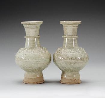 A pair of pale celadon glazed vases, Song/Yuan dynasty.