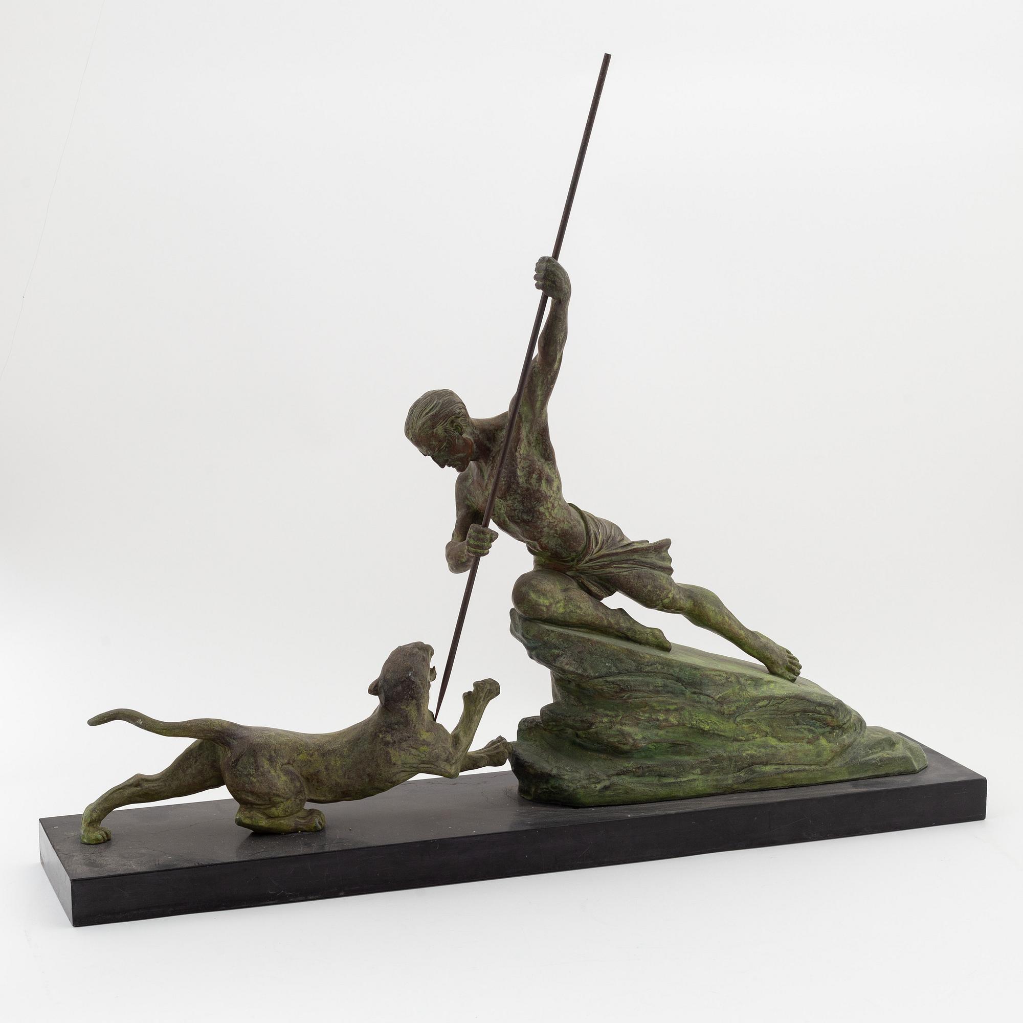 René André Varnier, 20th century. Sculpture. Signed. Patinated metall, stone base. Height 61 cm, length 85 cm.