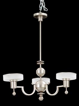 A white metal three light hanging lamp, unknown designer, 1930's.