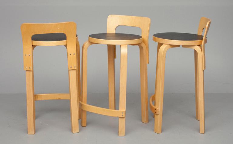 BARSTOLAR, 3 st, design A. Aalto, Artek 1970-tal.