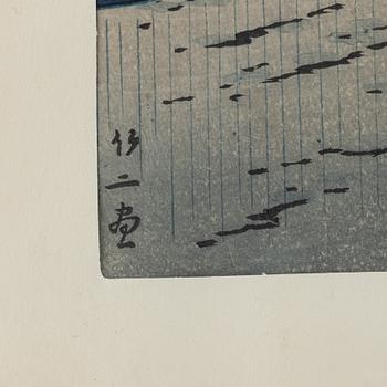 Takeji Asano (1900-1999), Japan, 'Drizzling rain in Ukimido'.