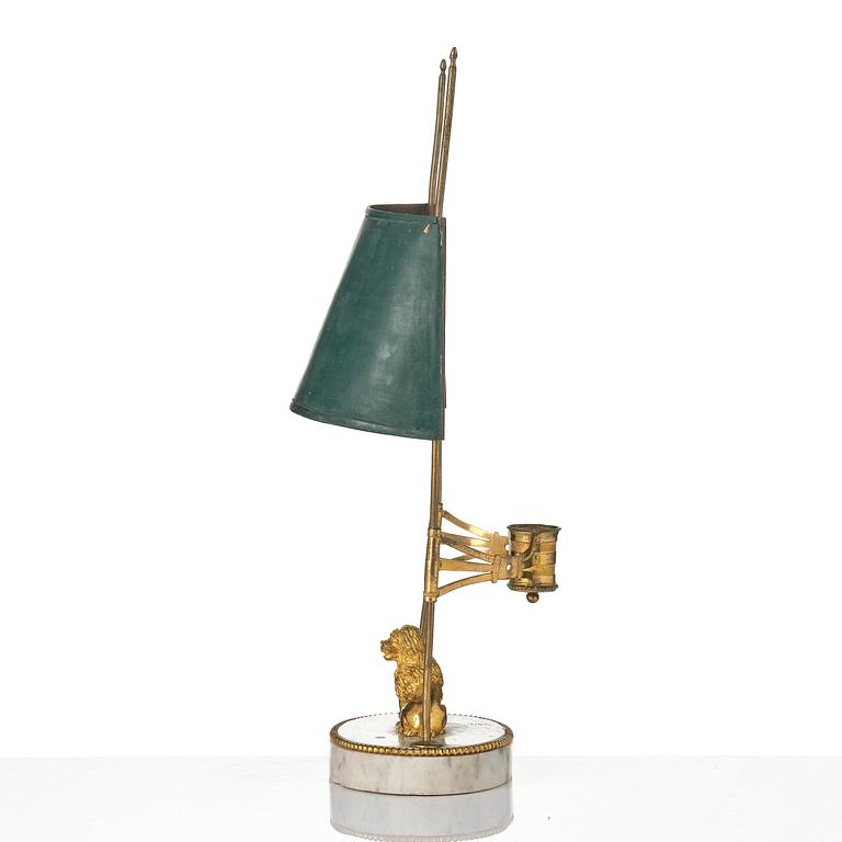 A late Gustavian gilt brass, marble and tole reading lamp, late 18th century.