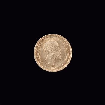 GULDMYNT, 10 kronor, Oscar II, 1874. Vikt ca 4,5 gram.