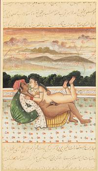 Unidentified artist, Erotic scenes in interior and landscape, India, 20th century. Two pieces.