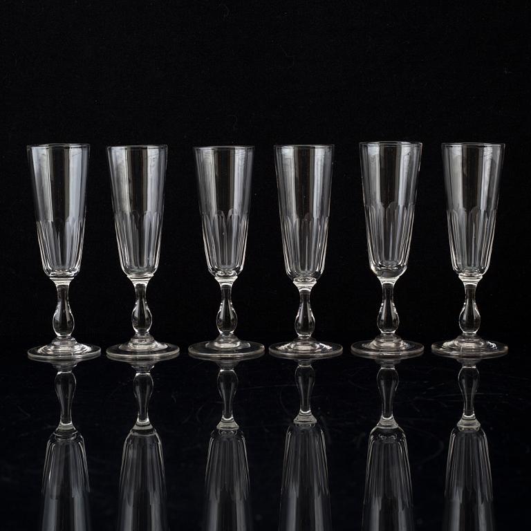 Six champagne flutes, circa 1900.