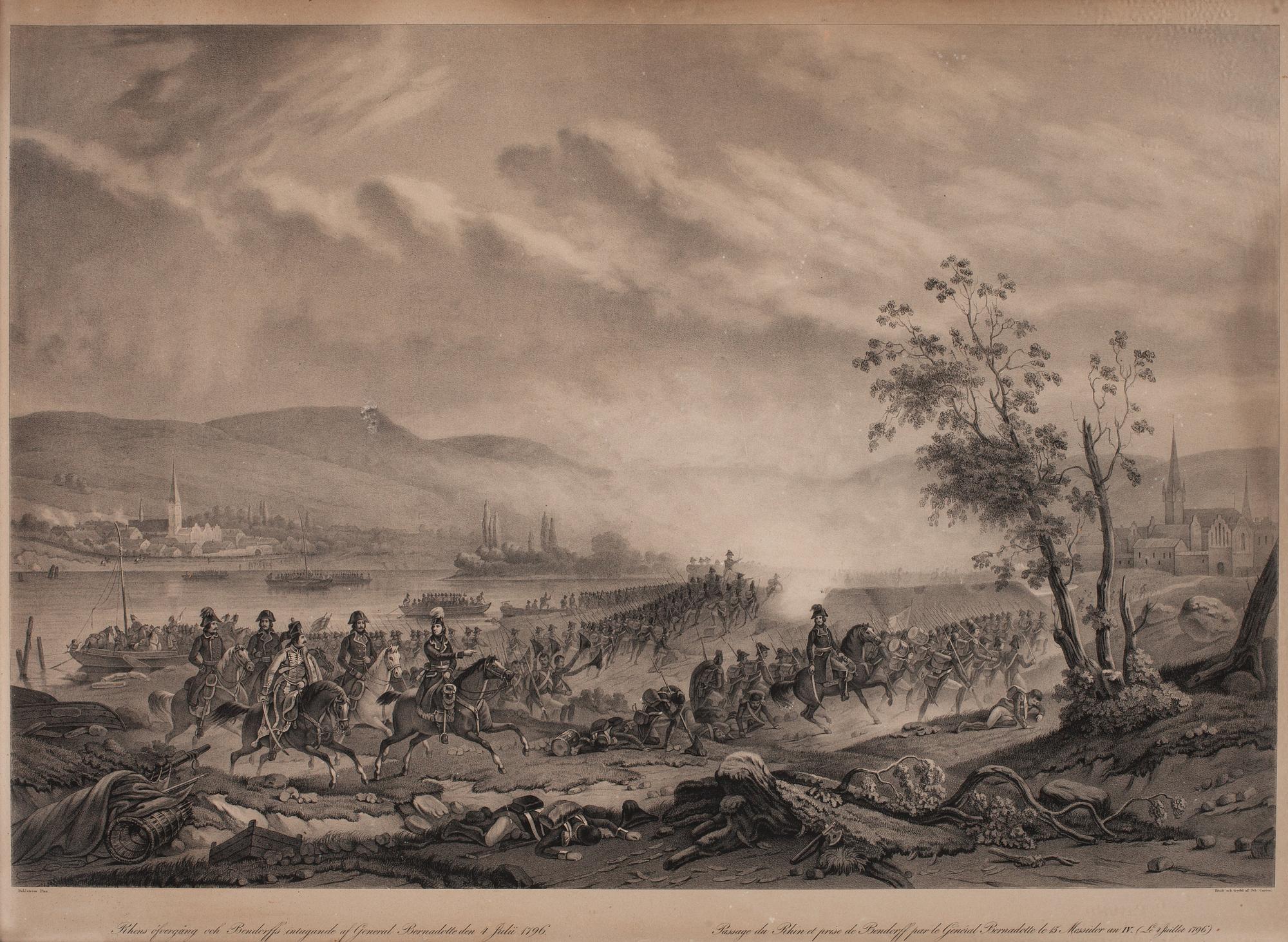 Alexander Clemens Wetterling & Carl Andreas Dahlström Efter, "Slaget vid Feiningen den 22 Aug 1796","Rehns öfvergång och Bendorffs intagande af General Bernadotte den 4 Julii 1796".
