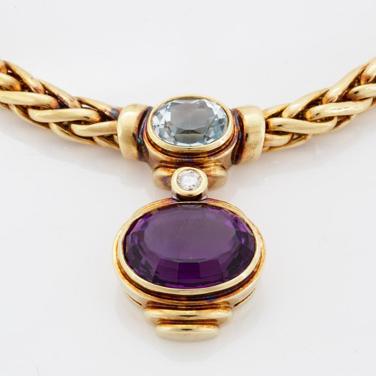 COLLIER, med briljantslipad diamant, ametist samt akvamarin.