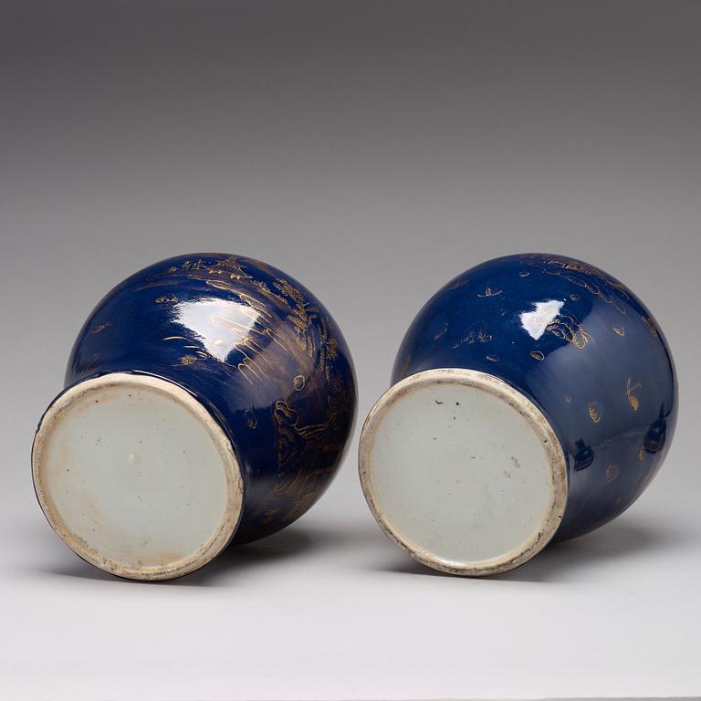 A pair of 'powder blue' baluster jar with covers, Qing dynasty, Qianlong (1736-95).