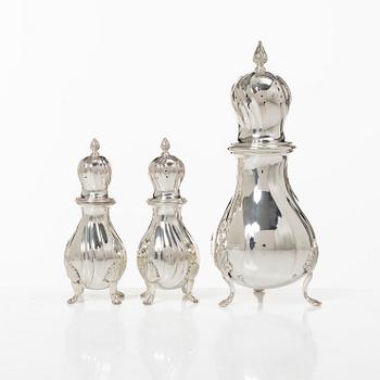 Sugar caster and salt and pepper shakers, silver, marked C.G. Hallberg, including Stockholm 1948.