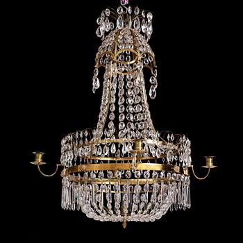 A late Gustavian gilt-brass and cut-glass five-light chandelier, Stockholm, late 18th century.