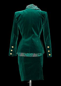 A green velvet jacket by Yves Saint Laurent.