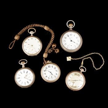 FICKUR, 5st, silver och doublé, bla sk railroad watches, Hamilton Watch Co och Waltham, omkring 1900.