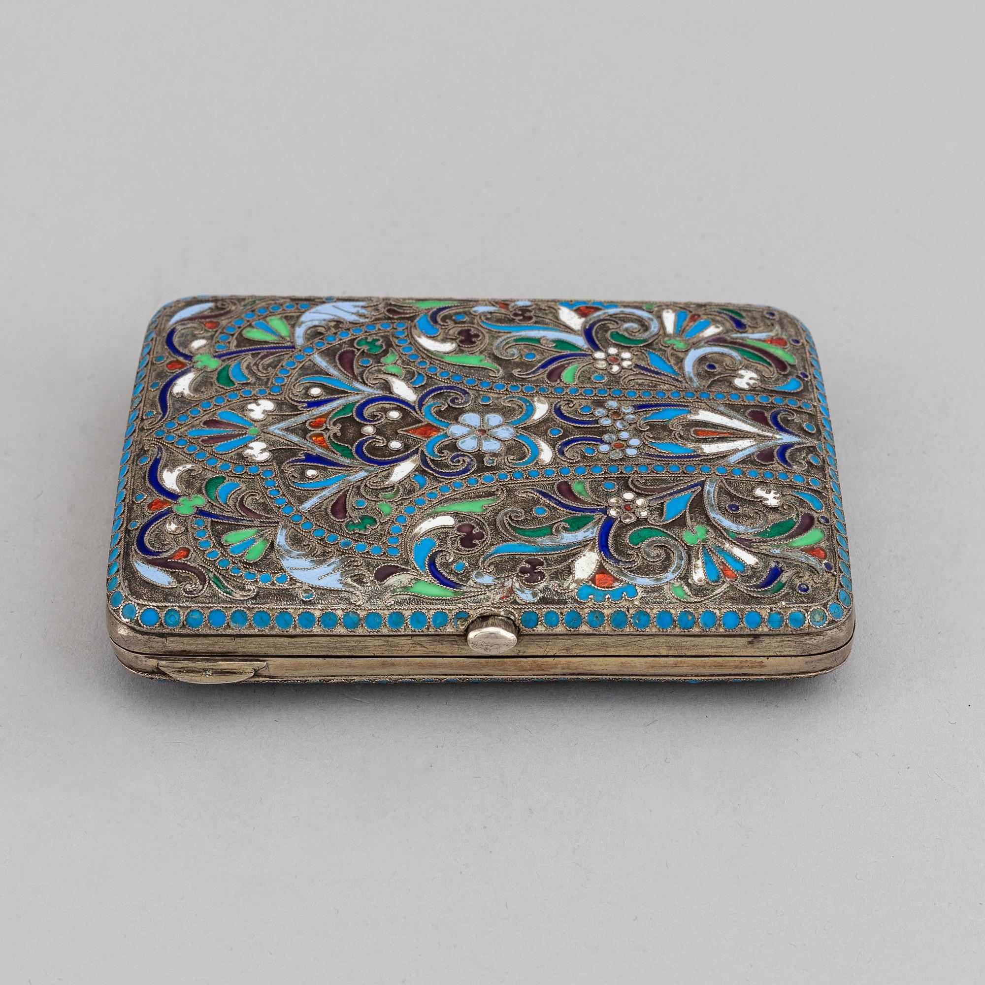 A Russian parcel-gilt silver and cloisonné enamel cigarette-case, Moscow 1908-1917.