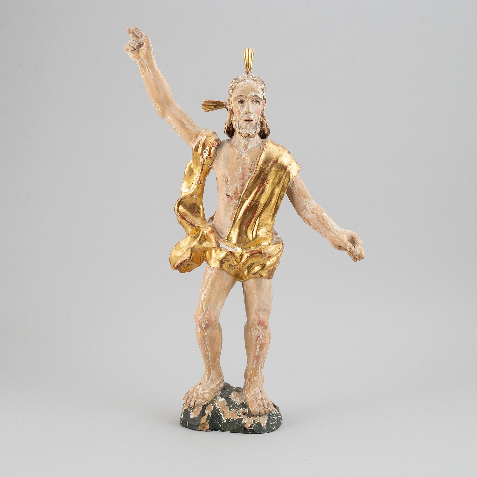 TRÄFIGUR, snidat och bemålat/förgyllt trä, 1700-tal.