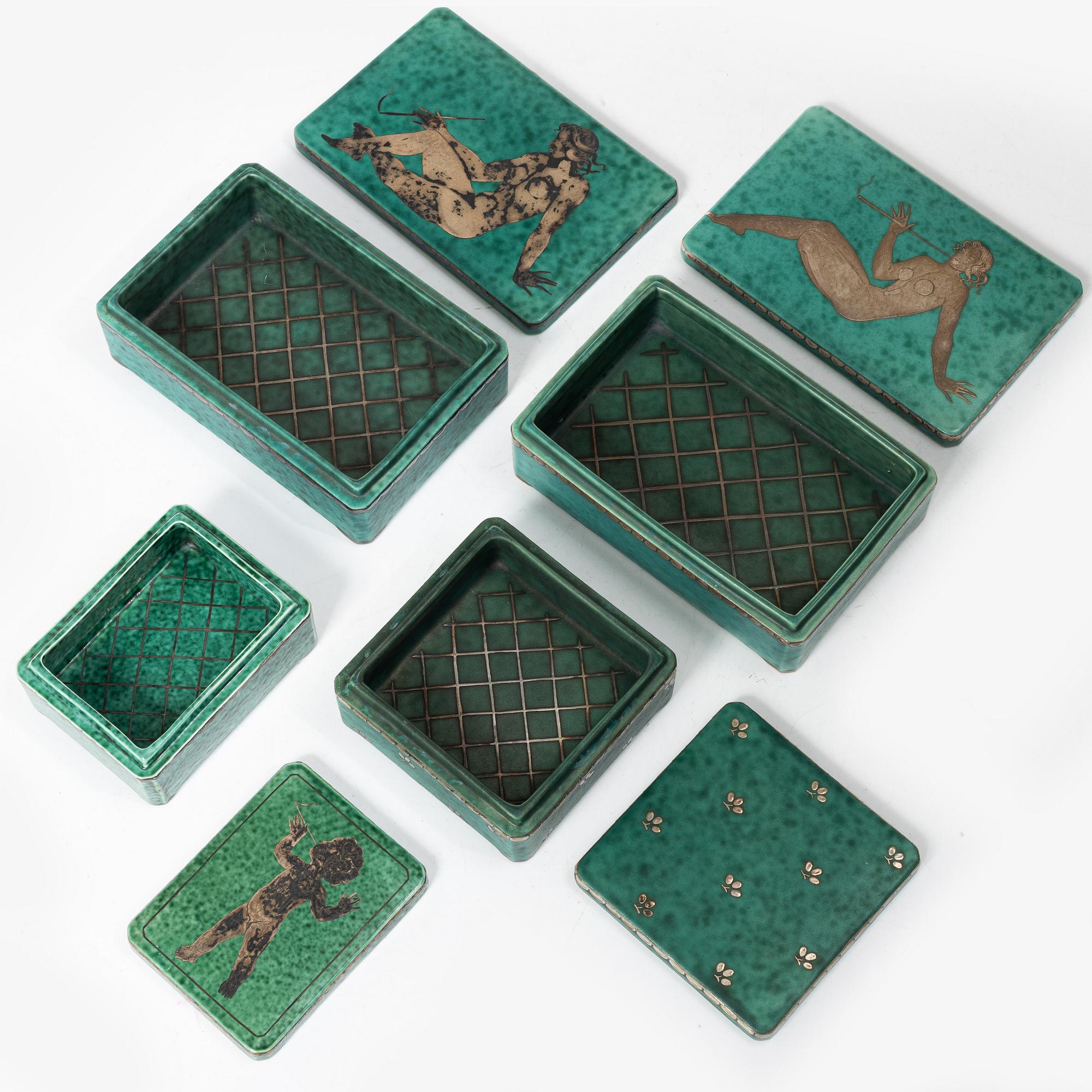 Wilhelm Kåge, four 'Argenta' stoneware boxes, Gustavsberg.