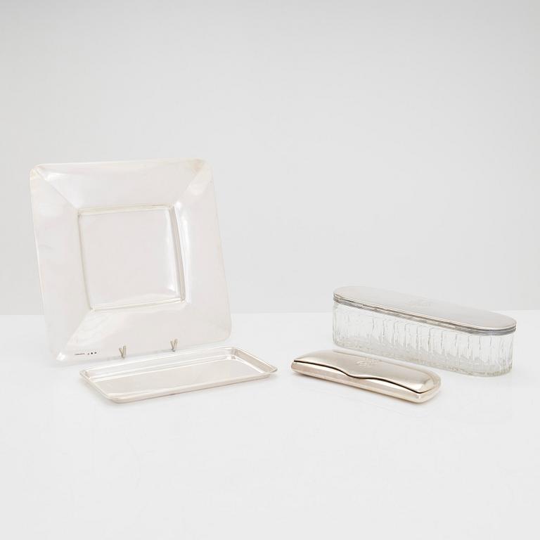 Two silver dishes, toiletry box and an eyeglass case, Sweden and Finland 1908-50.