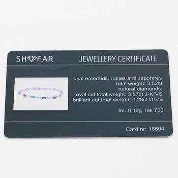 Bracelet 18K white gold set with faceted rubies, emeralds, sapphires, and round brilliant-cut diamonds.