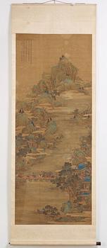 RULLMÅLNING,  flodlandskap i Qiu Yings (1494-1551) stil, sen Qingdynasti (1644-1912).