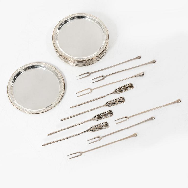 Coasters, 13 pcs, and cocktail sticks, 10 pcs, silver, Sweden, including GAB, Eskilstuna 1973.