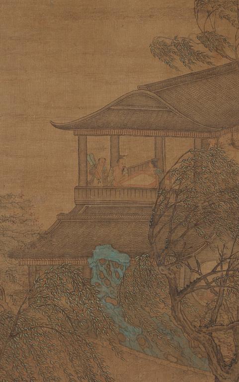 A hanging scroll of a river scenery in the style of Tang Yin (1470-1524), Qing Dynasty, presumably 18/19th Century.