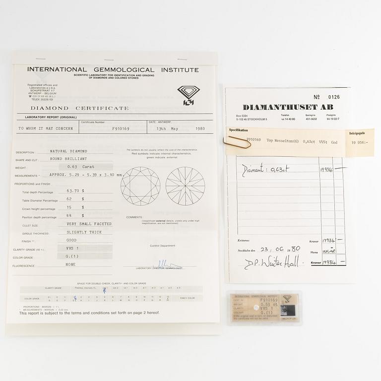 Unmounted brilliant-cut diamond, 0.63 ct, IGI seal. Accompanied by IGI certificate.