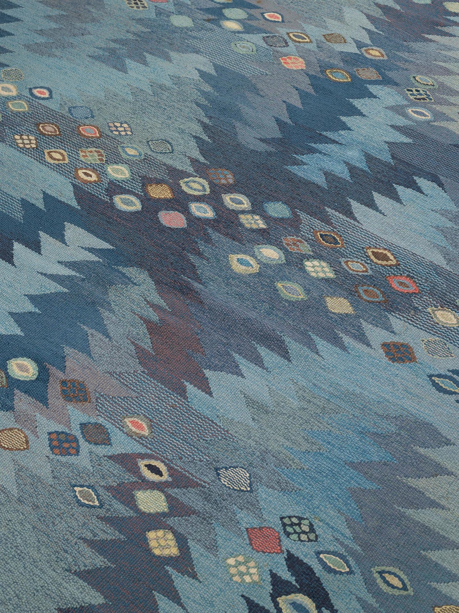 Barbro Nilsson, A CARPET, "Tånga blå, variant", flat weave, ca 259 x 206,5 cm, signed AB MMF BN.